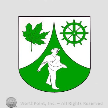 Heraldry: shield, wheel, leaf, human figurine.
