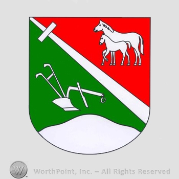 Heraldry: shield, white line, horses, plough.