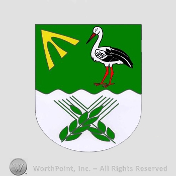 Heraldry: shield, wheat spice, stork, wavy line, arrow.