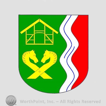 Heraldry: shield, horse heads, wavy line.