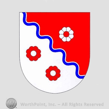 Heraldry: shield, blue wavy line, flowers.