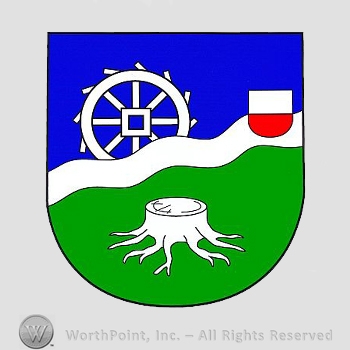 Heraldry: shield, water mill, small shield, tree trunck, wavy line.