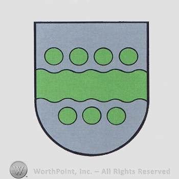 Heraldry: shield, green balls, green wavy line.