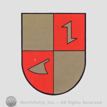 Heraldry: shield, chequered field, hook, plough.