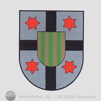Heraldry: shield, cross, stars, small shield, green lines.