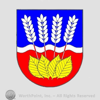 Heraldry: shield, wavy line, leaves, branches.
