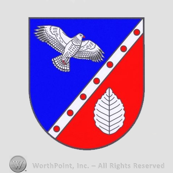 Heraldry: shiueld, eagle, red dots, leaf.