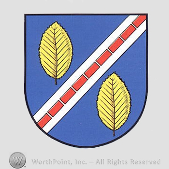 Heraldry: shield, two leaves, red bar.