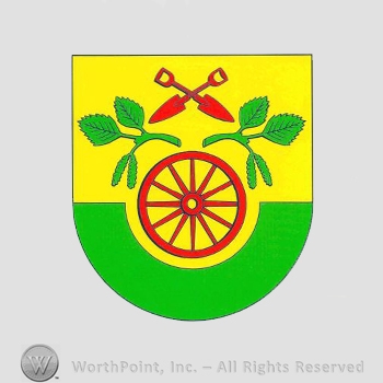 Heraldry: shield, wheel, shovels, plants.