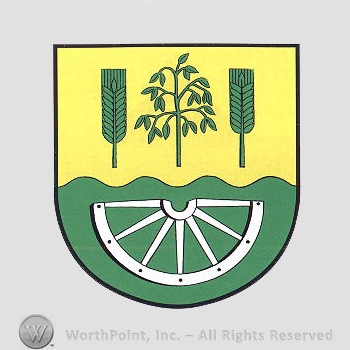 Heraldry: shield, wheat spice, plant, half wheel, wavy line.