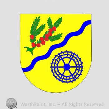 Heraldry: shield, branches, wavy blue line, water mill.