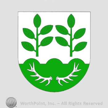 Heraldry: shield, two plants, antlers.