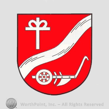 Heraldry: shield, cross, wavy line, plough.