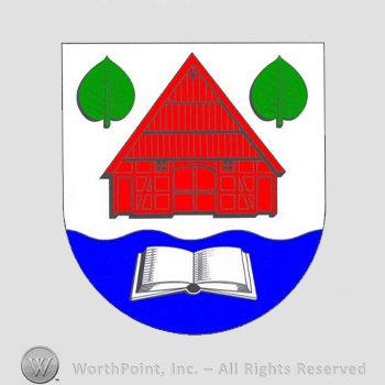 Heraldry: shield, house, two leaves, open book, wavy line.