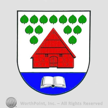 Heraldry: shield, house, leaves, open book.