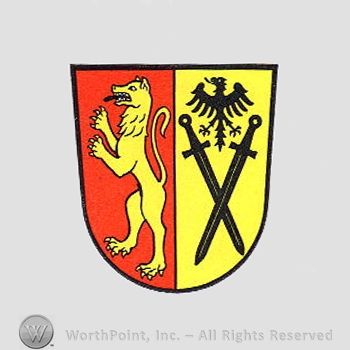 Heraldry: shield, wolf, eagle, swords.
