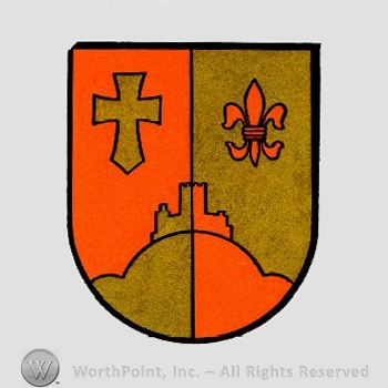 Heraldry: shield, cross, fleur-de-lis, castle.