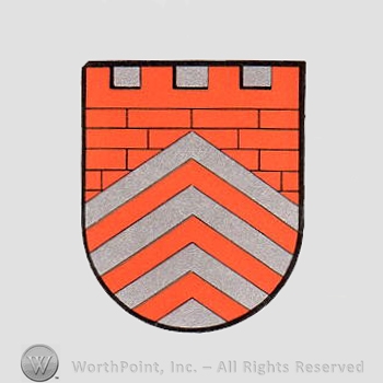 Heraldry: shield, brick wall, red and gray lines.