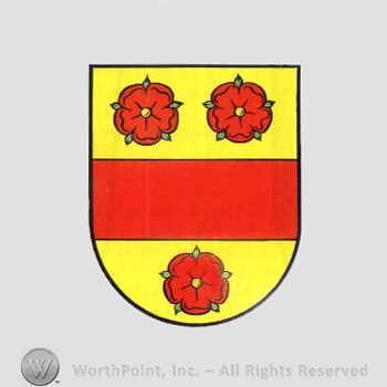 Heraldry: shield, red bar, red roses.
