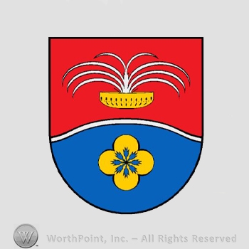 Heraldry: shield, fountain, flower, wavy line.