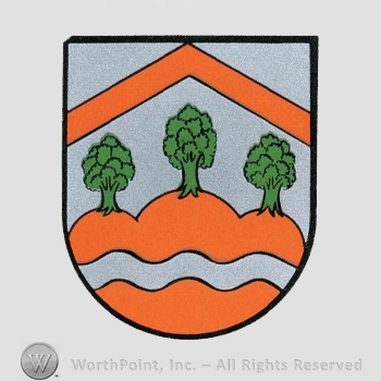 Heraldry: shield, red, lines, trees, hills, wavy line.
