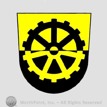 Heraldry: shield, cogwheel.