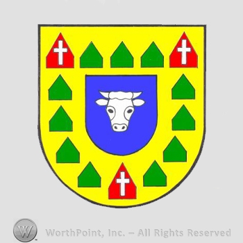 Heraldry: shield, crosses, cow head, triangles.