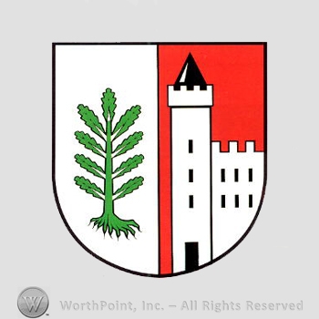 Heraldry: shield, castle, plant.