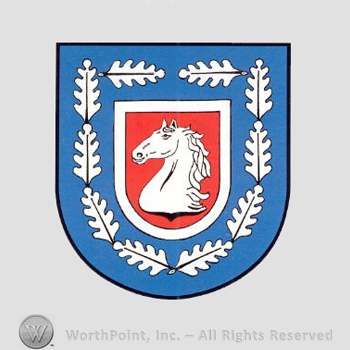 Heraldry: shield, leaves, horse head, small shield.