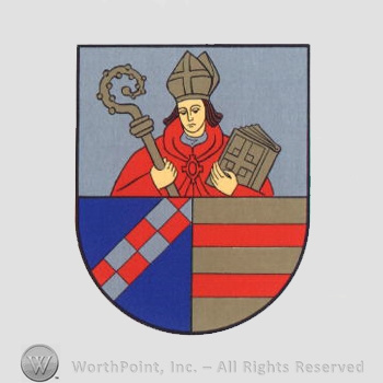 Heraldry: shield, priest, monastery stick, red lines, chequered bar.