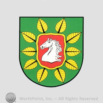 Heraldry: shield, leaves, horse head, small shield.