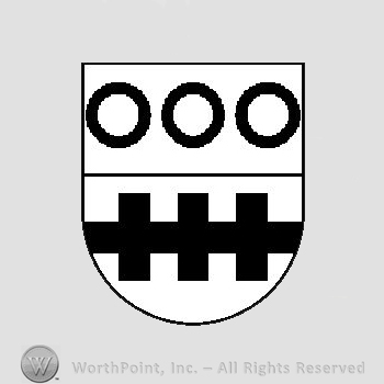 Heraldry: shield, three circles, black line.