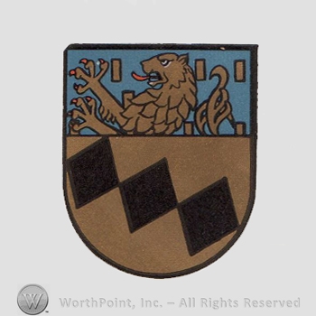 Heraldry: shield, lion, diamonds.