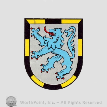 Heraldry: shield, lion rampant.