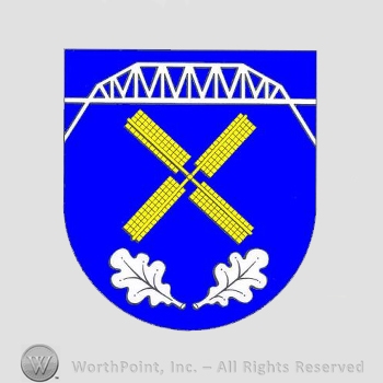 Heraldry: shield, bridge, windmill, oak leaves.