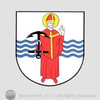 Heraldry: shield, wavy lines, priest, anchor.