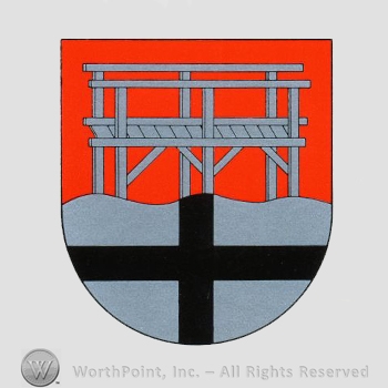 Heraldry: shield, bridge, cross.