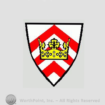 Heraldry: shield, crown, red lines.