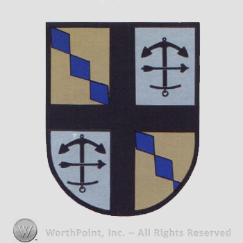 Heraldry: shield, diamonds, anchors, arrows, cross.