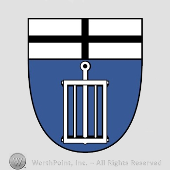 Heraldry: shield, cross, grill.