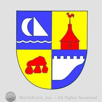 Heraldry: shield, wavy line, stones, triangle, castle, castle wall, half moon.