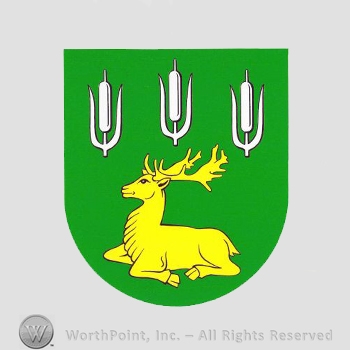 Heraldry: shield, stag, forks.
