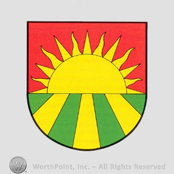 Heraldry: shield, sun, green and yellow bars.