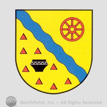 Heraldry: shield, wheel, wavy line, triangles.