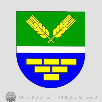 Heraldry: shield, wheat spice, bricks.