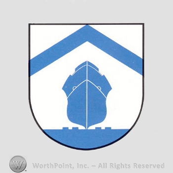 Heraldry: shield, ship, blue lines.