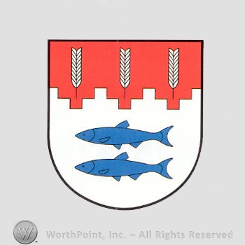 Heraldry: shield, two fish, wheat spice.