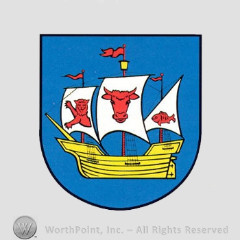 Heraldry: shield, ship, lion, bull head, fish.