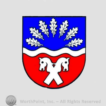 Heraldry: shield, wavy line, oak leaves, horse heads.