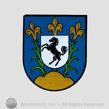 Heraldry: shield, fleur-de-lis, horse, hills.
